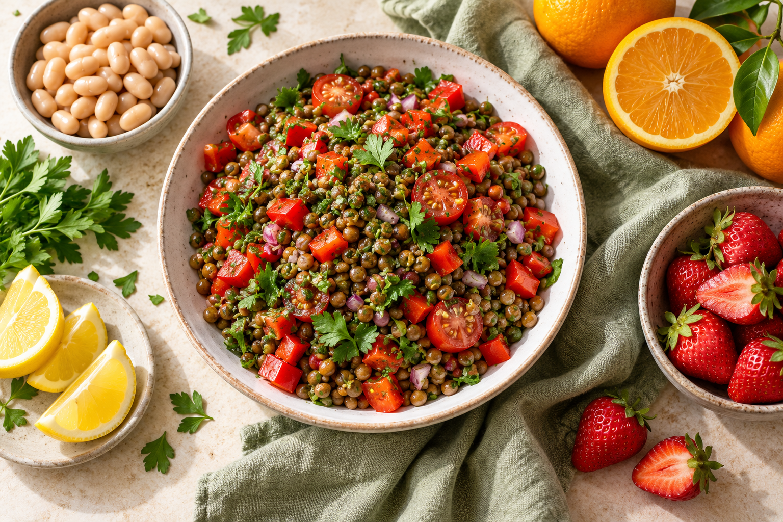 Lentils, peppers, tomatoes and citrus fruit