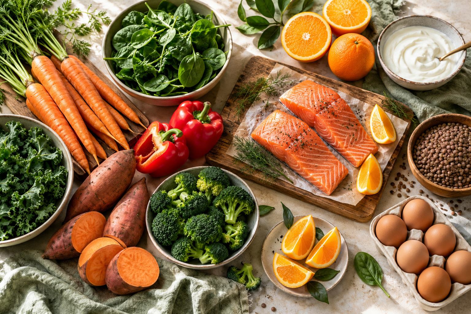 A colourful spread of nutrient-rich foods including vegetables, eggs, fish and fruit