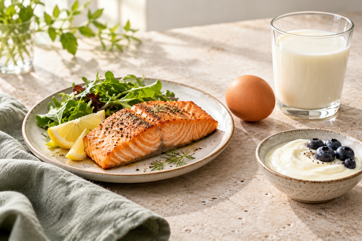 Salmon, egg and dairy foods on a table
